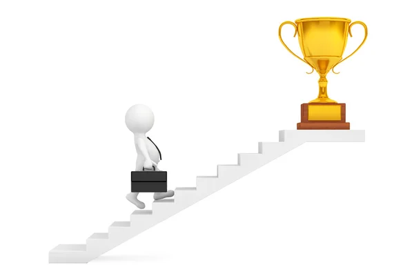 Empresario subiendo escaleras para ganar trofeos. Renderizado 3d — Foto de Stock