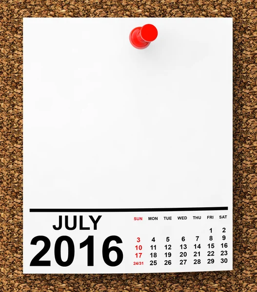 Ημερολόγιο Ιουλίου 2016. απόδοσης 3D — Φωτογραφία Αρχείου