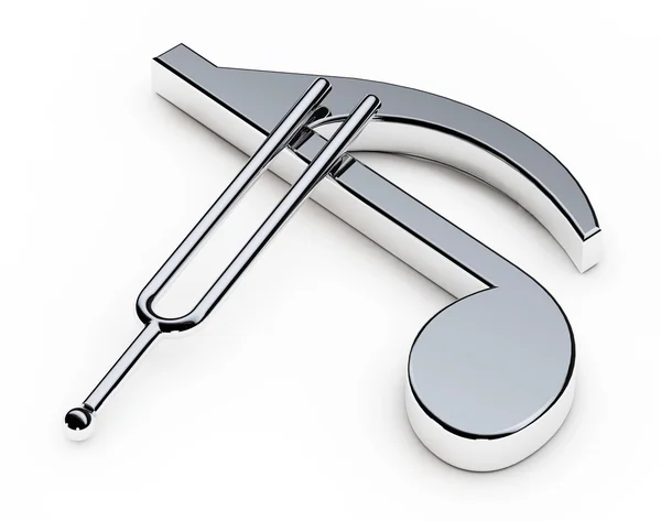 Music Tuning Fork over Note (em inglês). Renderização 3d — Fotografia de Stock