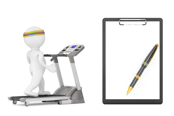 3d Person over Treadmill in front of Clipboard with Blank Paper. — Stock Photo, Image