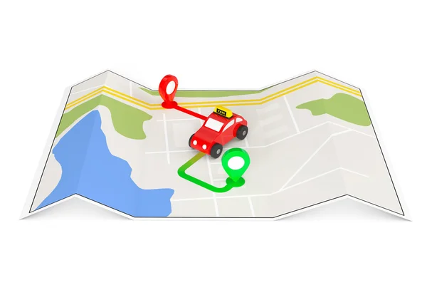 Taksi sipariş kavramı. Yukarıdan oyuncak taksi soyut navigasyon M — Stok fotoğraf