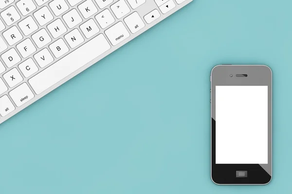 コンピューターのキーボードと携帯電話とオフィスのテーブル。3 d Renderi — ストック写真