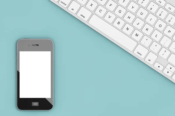 コンピューターのキーボードと携帯電話とオフィスのテーブル。3 d Renderi — ストック写真