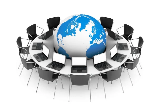 Chairs around a Table with the Earth Globe in the middle. 3d Ren — Stock Photo, Image