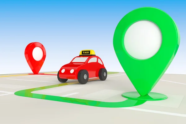 Taxi Order Concept. Speelgoed Taxi van bovenaf van abstracte navigatie M — Stockfoto