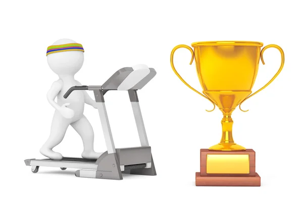 3d Person läuft auf einem Laufband zu großen goldenen Trophäe vor — Stockfoto