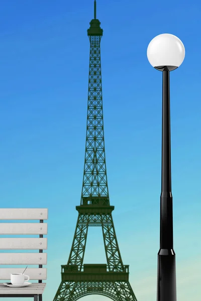 Concepto romántico. Torre Eiffel, banco y farola. Renderizado 3d —  Fotos de Stock