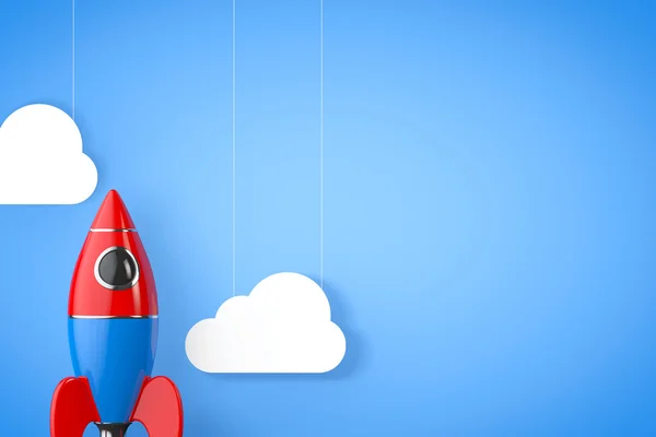 구름과 장난감 로켓입니다. 3 차원 렌더링 — 스톡 사진