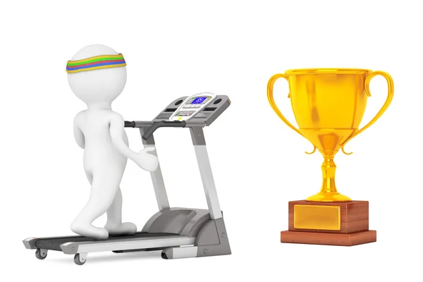 3d Person läuft auf einem Laufband zu großen goldenen Trophäe vor — Stockfoto