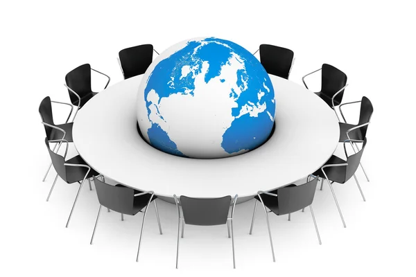 Chairs around a Table with the Earth Globe in the middle. 3d Ren — Stock Photo, Image