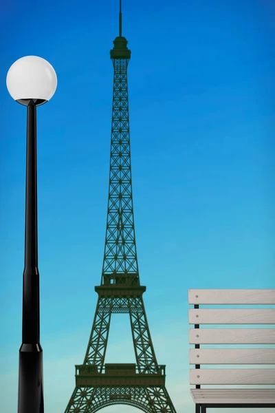 Concepto romántico. Torre Eiffel, banco y farola. Renderizado 3d —  Fotos de Stock