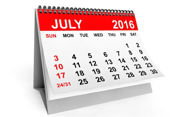 Calendario Luglio 2016. 3d Rendering — Foto Stock