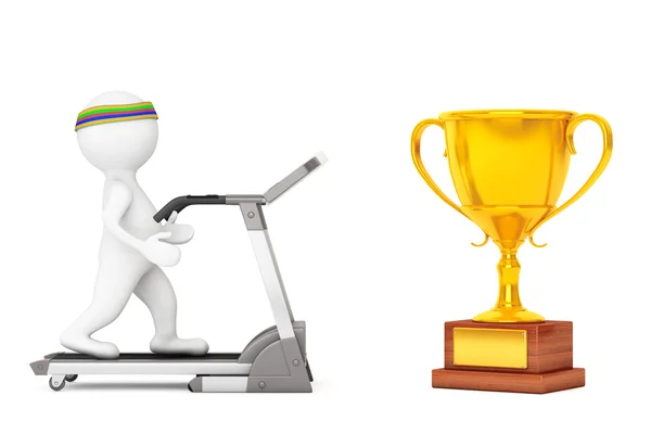 3d Person läuft auf einem Laufband zu großen goldenen Trophäe vor — Stockfoto