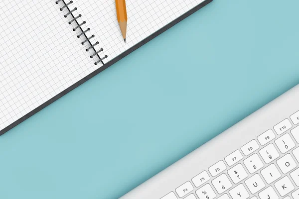 Office bord med tangentbord, anteckningsblock och penna. 3D-rendering — Stockfoto
