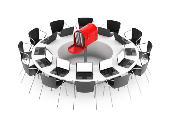 Chairs around a Table with Red Mailbox in the middle. 3d Renderi — Stock Photo, Image