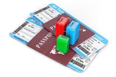 Seyahat kavramı. Bilet pasaport üzerinden bavul. 3D render