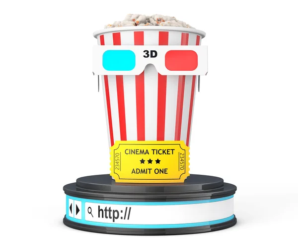 Doosje van Popcorn, 3D-bril en een toegeven een ticket via Browser — Stockfoto