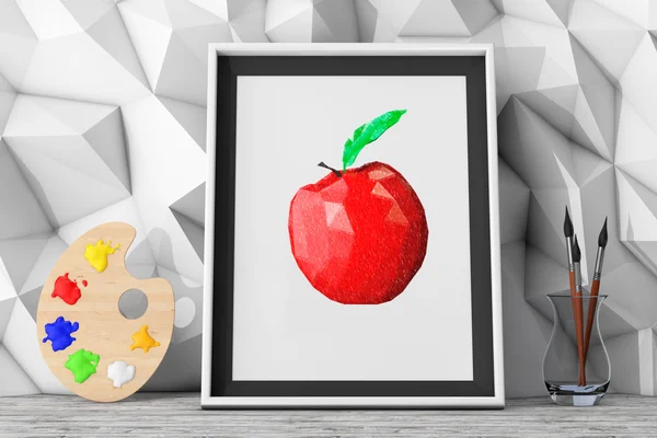 Picture of Apple with Paintbrushes and Pallette in front of Low — Stock Photo, Image