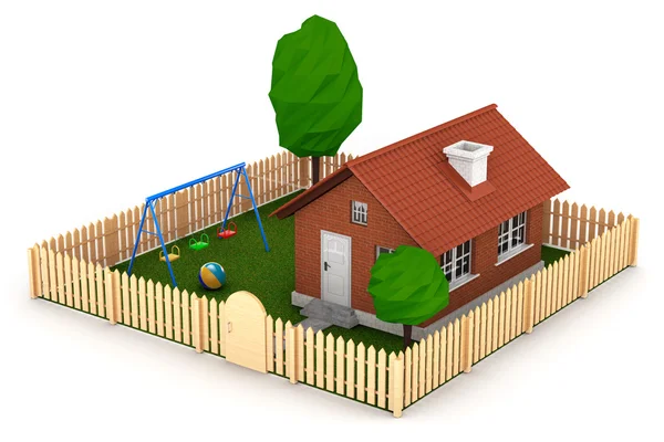 Έννοια της ακίνητης περιουσίας. Μικρό σπίτι με φράχτη και κήπο. 3D Rende — Φωτογραφία Αρχείου