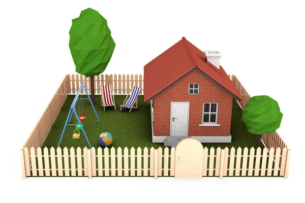 Real Estate Concept. Small House with Fence and Garden. 3d Rende — Stock Photo, Image