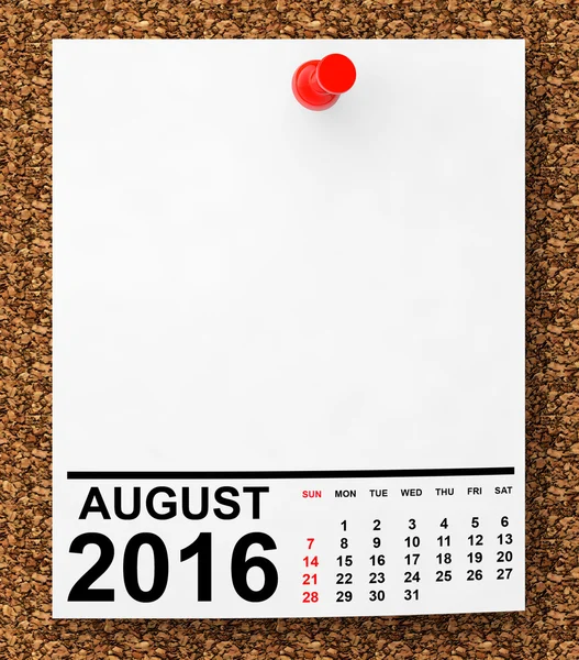 Calendario Agosto 2016. 3d Rendering — Foto Stock