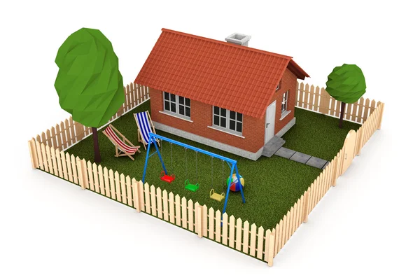 Έννοια της ακίνητης περιουσίας. Μικρό σπίτι με φράχτη και κήπο. 3D Rende — Φωτογραφία Αρχείου