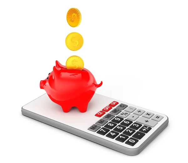 Piggy Bank con monedas sobre la calculadora. Renderizado 3d — Foto de Stock