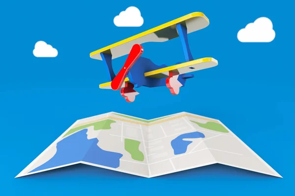玩具飞机在城市地图。3d 渲染 — 图库照片