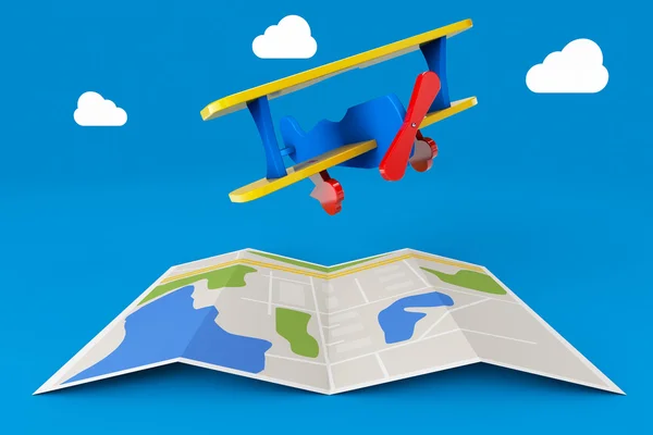 Игрушечный самолет над картой города. 3D-рендеринг — стоковое фото