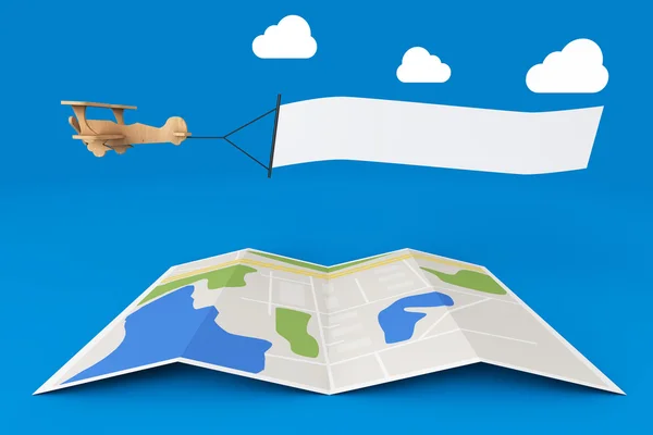 Tom Aerial annonsering. Trä leksak flygplan med Tom Banner — Stockfoto