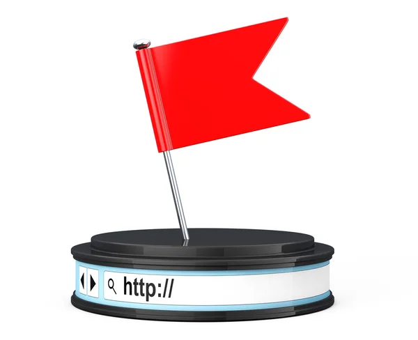 Röd flagga över webbläsarens adressfält som rund plattform piedestal. 3D — Stockfoto