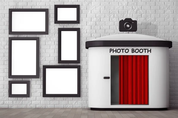 Photo Booth framför tegelvägg med tomma bildramar. 3D — Stockfoto