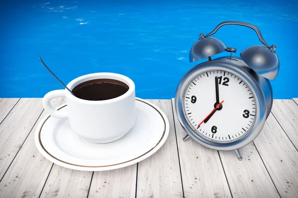 Cup of Coffee and Alarm Clock in front of Ocean. 3d Rendering — Stock Photo, Image