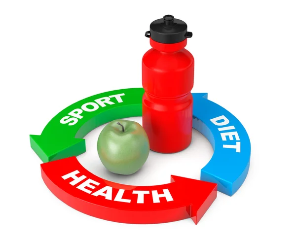 Sport Water Bottle with Green Apple in Arrow Health Diagram. 3d — Stock Photo, Image