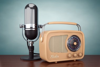 Eski stil fotoğraf. Retro radyo ve Vintage mikrofon. 3D Renderin