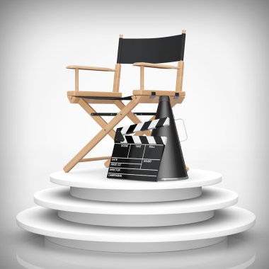 Yönetmen koltuğu, film Clapper ve megafon yuvarlak sahne üzerinde. 3D