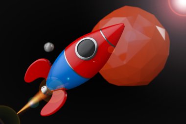 Kızıl Gezegen'in yakınındaki karikatür roket. 3D render
