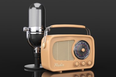 Retro radyo ve Vintage mikrofon. 3D render
