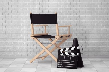 Yönetmen koltuğu, film Clapper ve megafon. 3D render