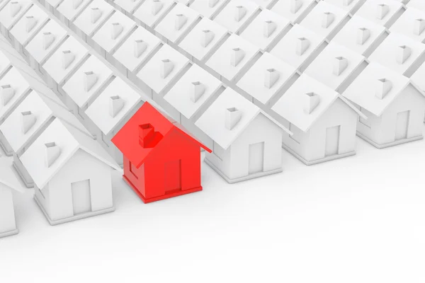 Real Estate Property Industry Concept. Red house in among White — Stock Photo, Image
