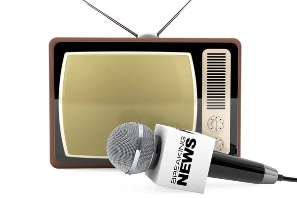 Σχίζονται μικρόφωνο με το σπάσιμο ειδήσεις πλαίσιο σημάδι και παλιό ρετρό 3d τηλεόραση. — Φωτογραφία Αρχείου