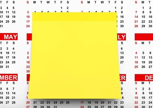 Σημείωση κίτρινο χαρτί πάνω από το ημερολόγιο. απόδοσης 3D — Φωτογραφία Αρχείου