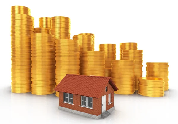 Investujte do nemovitostí konceptu. Malý dům s hromádky mincí. — Stock fotografie