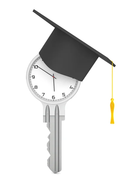 Bildungskonzept. moderne Uhr als Schlüssel mit Graduiertenhut. 3d r — Stockfoto