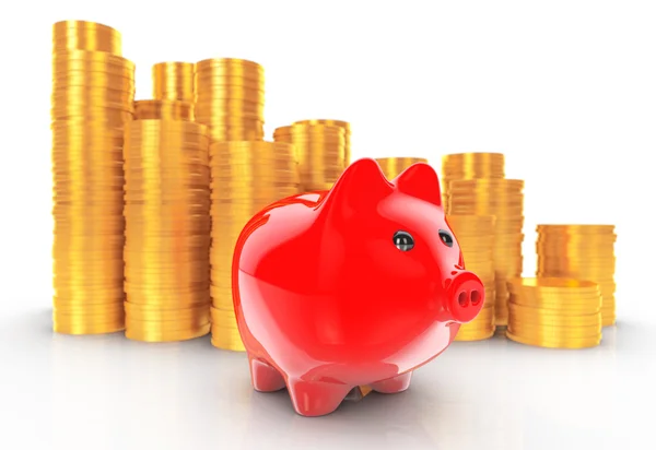 Piggybank con pilas de monedas. Renderizado 3d — Foto de Stock