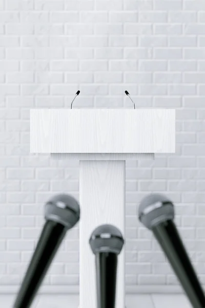 White Podium Tribune Rostrum Stand with Microphones. 3d Renderin — Stock Photo, Image