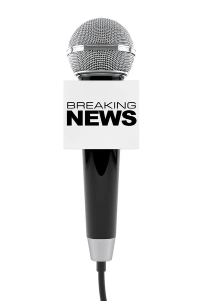 Microphone avec panneau Breaking News Box. Rendu 3d — Photo