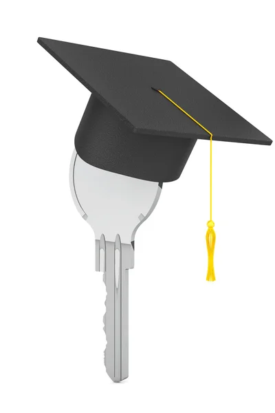 Conceito de Educação. Chave com Chapéu de Graduação. Renderização 3d — Fotografia de Stock