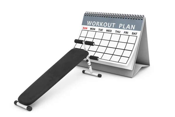 Exercise bench. Gym Equipment in front of Workout Plan Calendar. — Stock Photo, Image