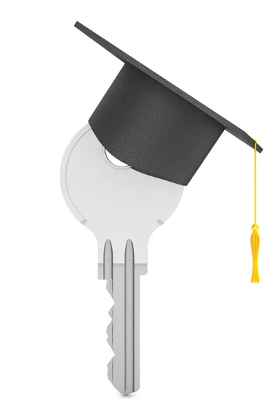 Conceito de Educação. Chave com Chapéu de Graduação. Renderização 3d — Fotografia de Stock